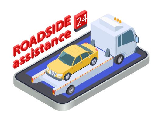 a created image of a yellow car on a white flatbed tow truck that is sitting on a bright blue platform Roadside Assistance in red lettering behind the vehicles a a red square with 24 cut out. show from above and the image skewed to the right
