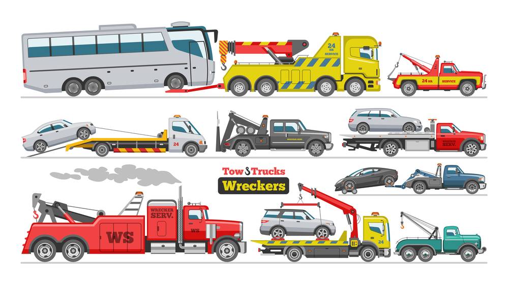 white background with 3 rows described from left to right; top has a heavy-duty tow truck towing a bus and a two-wheel tow truck; middle has a white car being pulled onto a flatbed tow truck, a black 2-wheel hydraulic and lift tow truck, and a red flatbed tow truck towing a grey station wagon; bottom has a red heavy-duty tow truck, a yellow flatbed towtruck with a hydraulic boom with a white car attached to boom resting on the flatbed, and an old schhol green hook & pully 2-wheel lift tow truck
